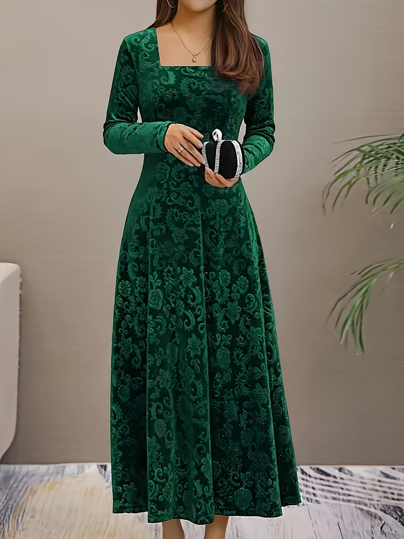 Elegant velvet square neck women's party dress with intricate floral embroidery, formal winter wear