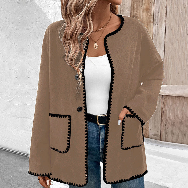 Women's oversized colorblock fleece coat black orange white brown long sleeve with pockets