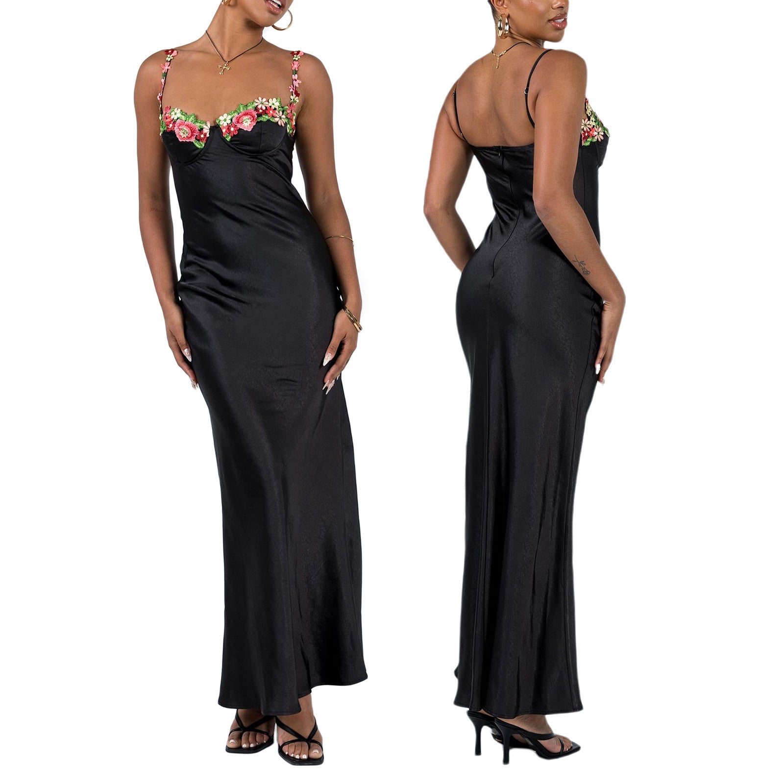 Women's satin maxi slip gown with floral embroidery on bodice, elegant festive silhouette