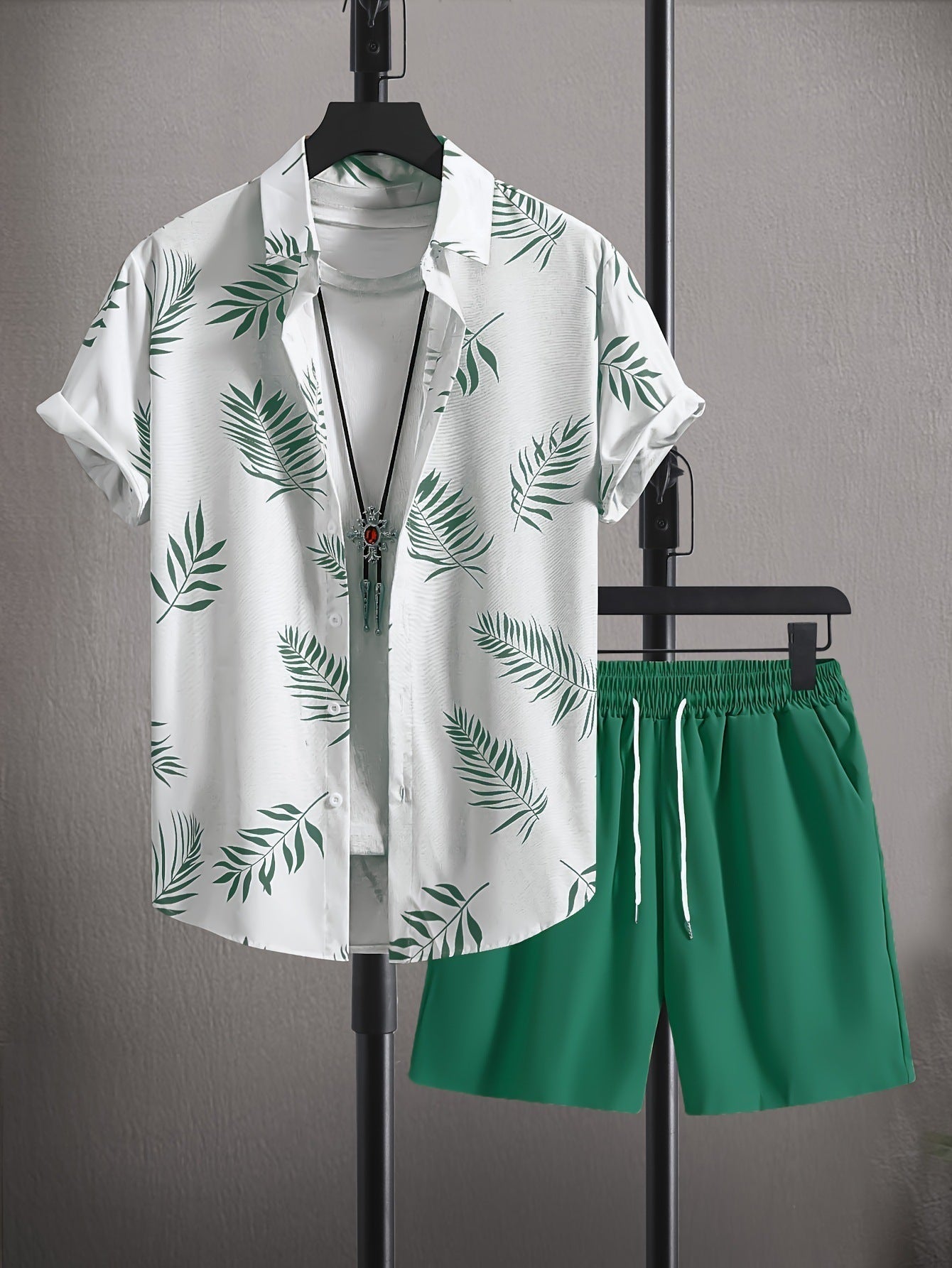 Men's two-piece summer set casual relaxed fit coordinated beach vacation outfit in neutral tones