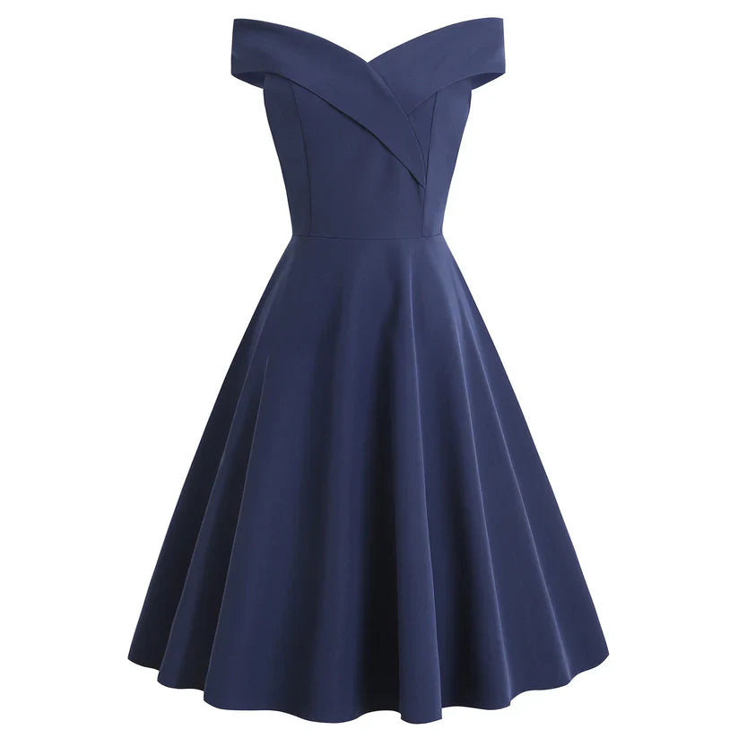 Esmée off-the-shoulder midi dress A-line silhouette retro elegance feminine ruched bodice