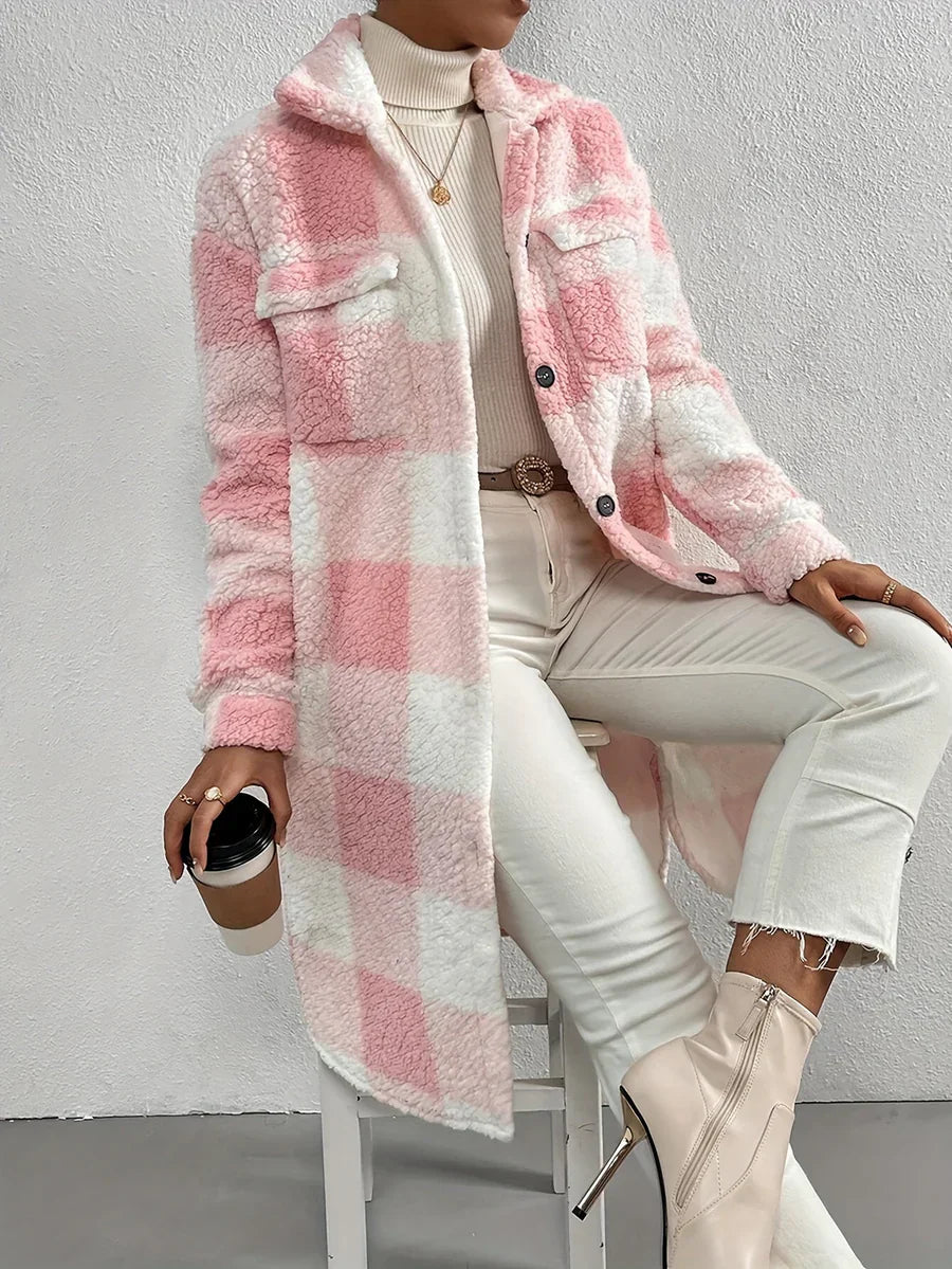 Oversized women's teddy coat mid-length checked pattern cozy plush texture fall winter outerwear