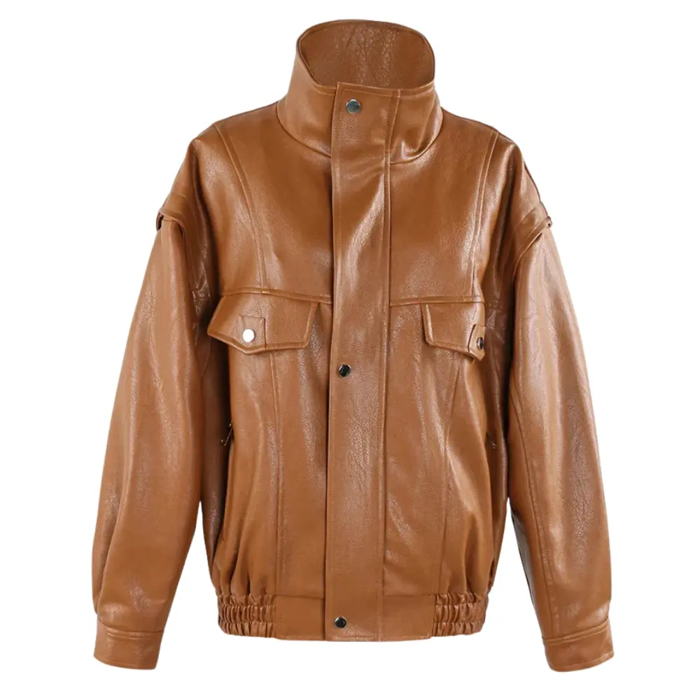 Women's black vegan leather jacket relaxed fit with quilted lining and mandarin collar