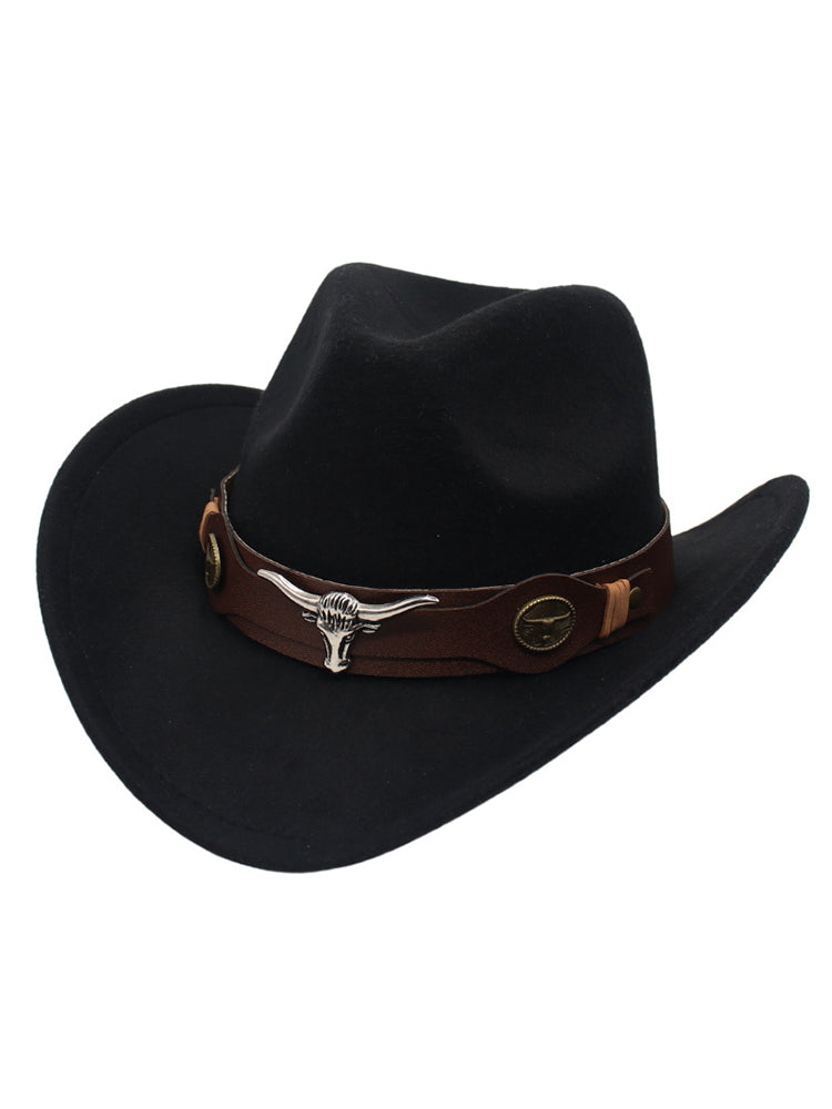 Brown wool felt cowboy hat with bull head decoration, Western-style casual cowgirl hat for daily wear