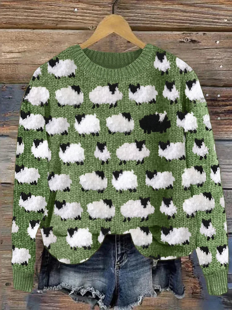 Women's beige long sleeve sweatshirt with playful all-over sheep print pattern for cozy casual wear