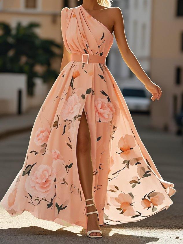 Light green floral chiffon maxi dress ruched one-shoulder A-line silhouette for women