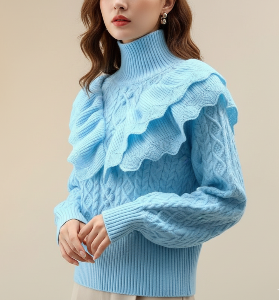 Women's cable knit high neck sweater with ruffled shoulders, chic feminine warmth style