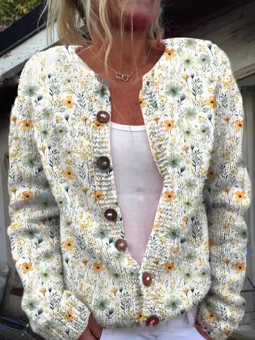 Women's vintage floral knit cardigan with flattering fit and delicate pattern, perfect layering essential