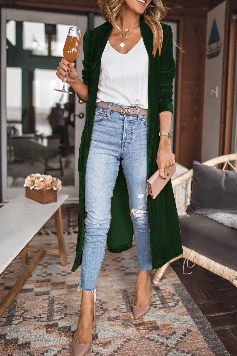 Women's soft velvet open-front cardigan, luxurious layering essential for effortless everyday elegance