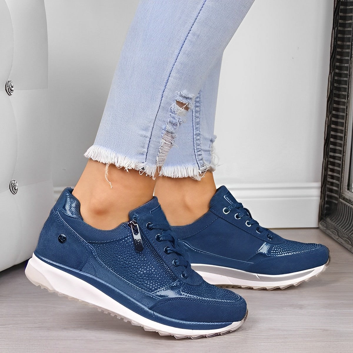 White breathable orthopedic zip-up sneakers with secure quick-fit closure for all-day active comfort