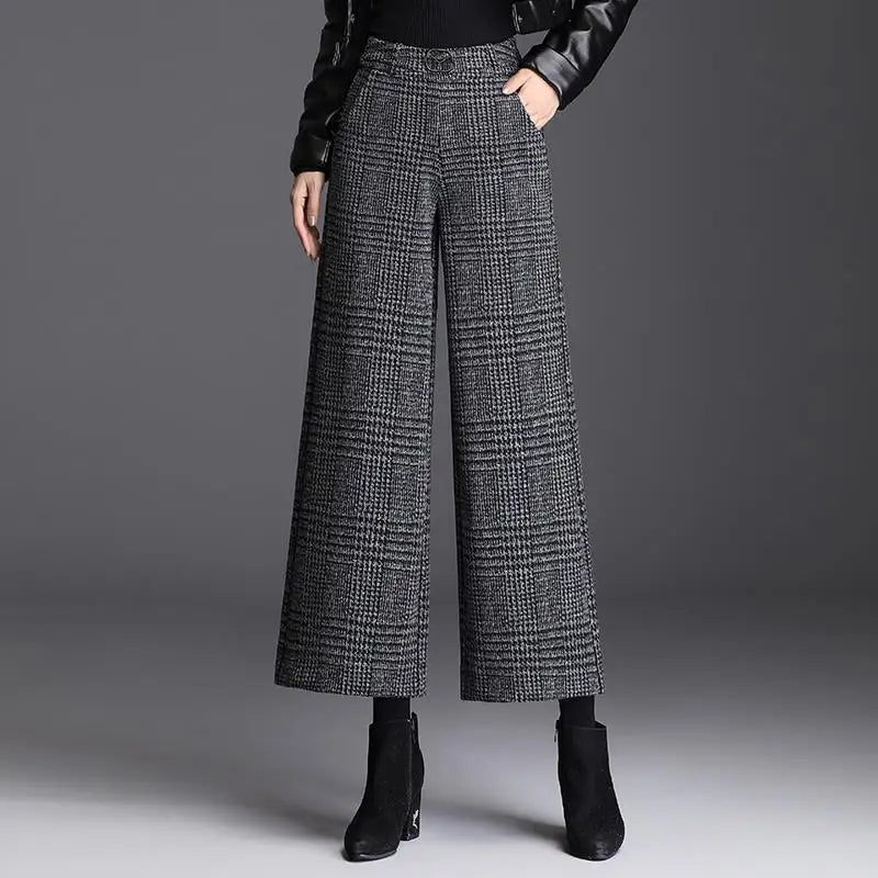 Nordic wool blend high-waist wide-leg trousers in classic check pattern, business casual essential