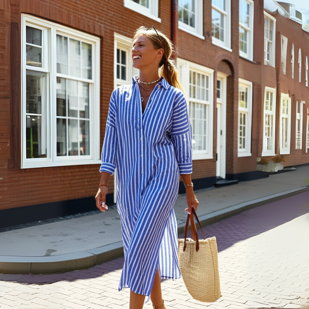 Women's striped loose fit button-up shirt dress with classic button closure for casual style