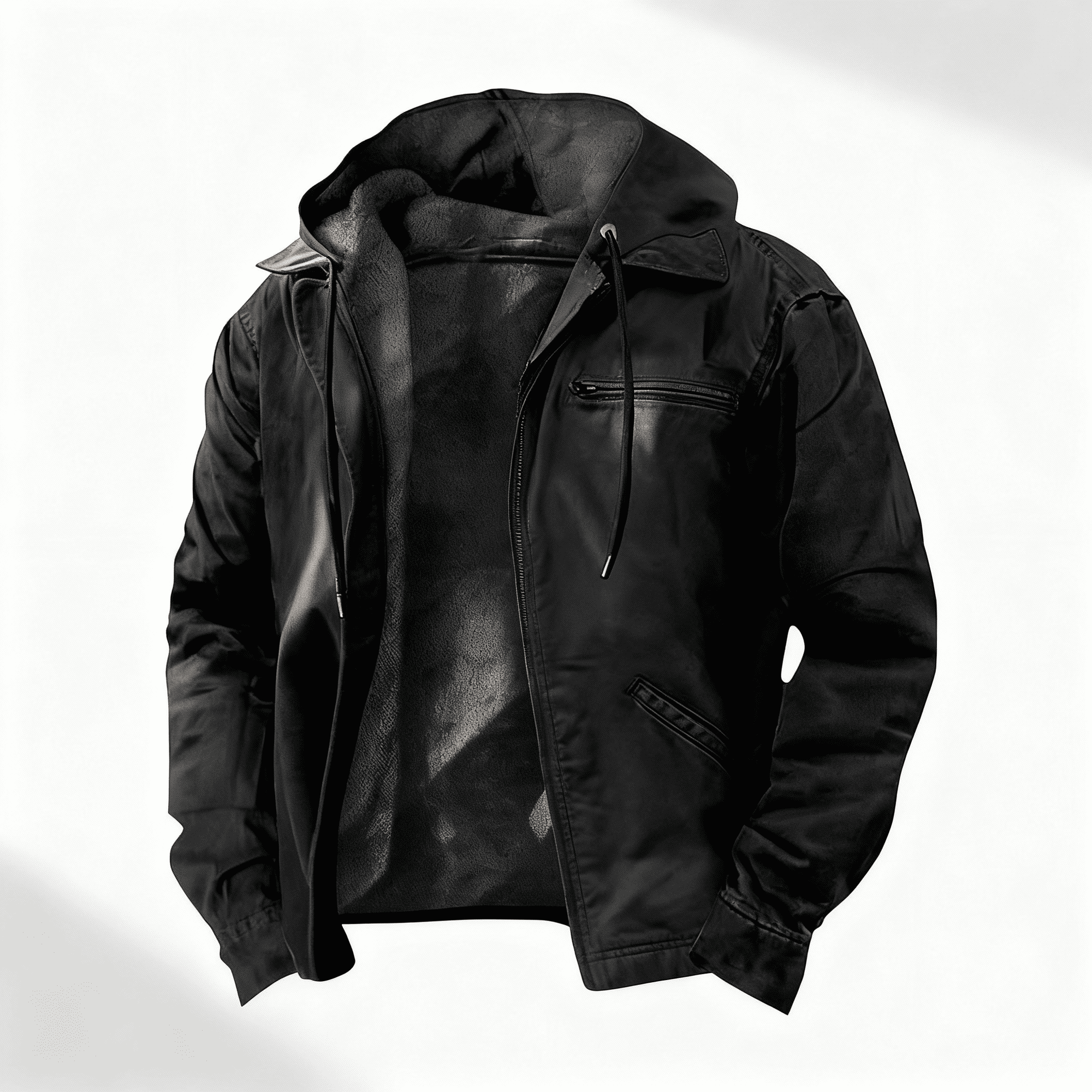 Men's olive utility jacket relaxed fit zip front drawstring hood casual outdoor windproof layer