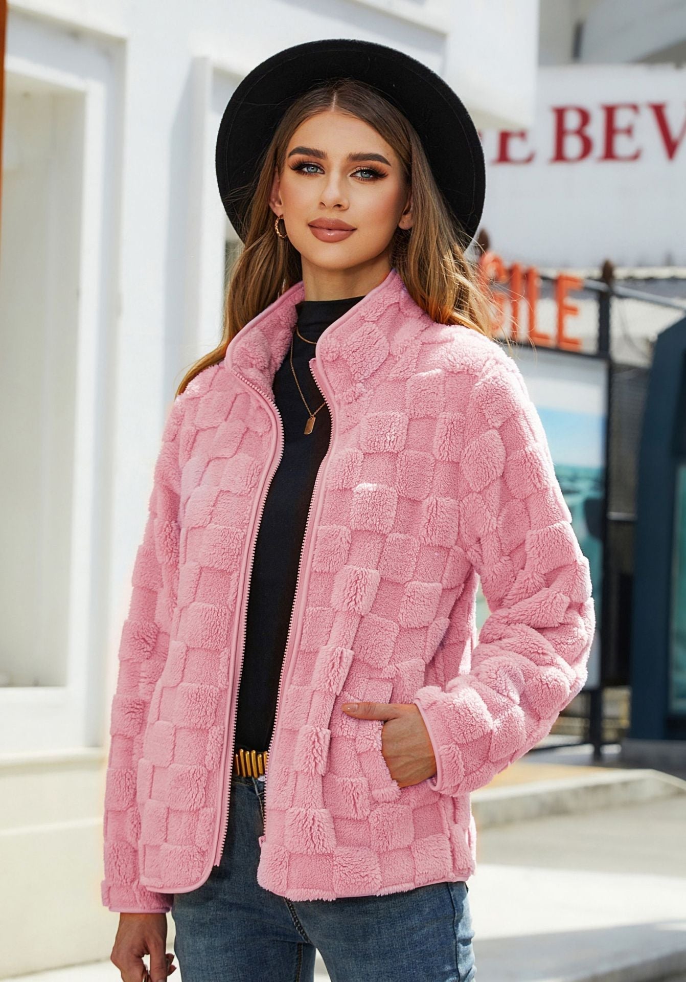 Women's plaid fleece zip-front jacket with high collar, relaxed fit for winter warmth