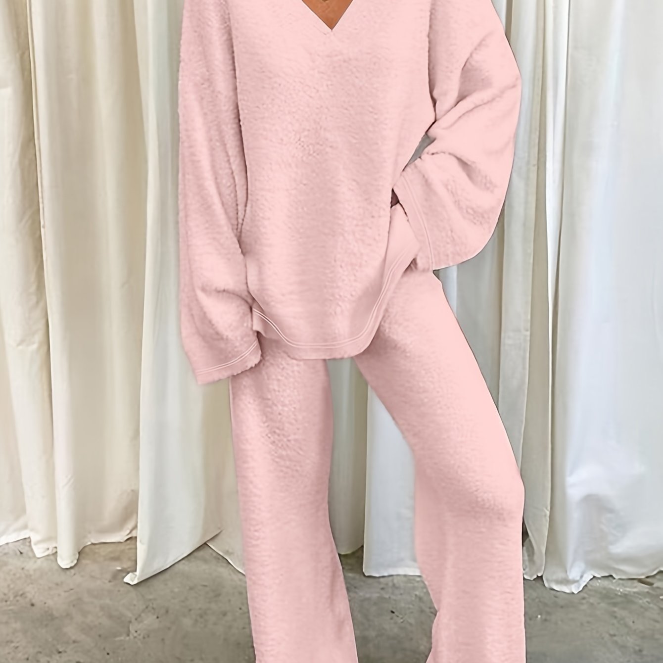 Women's V-neck long sleeve pajama set with relaxed-fit pants, soft loungewear for cozy home comfort