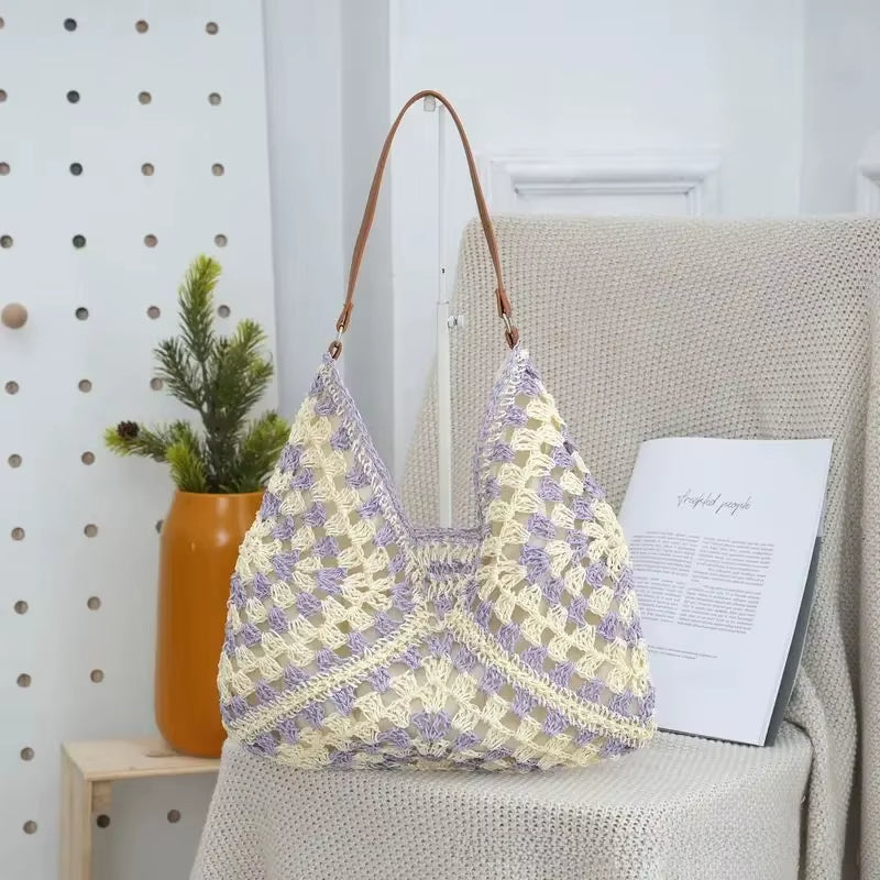 Handwoven crochet tote bag natural boho open-top carryall with fabric-lined interior for everyday use