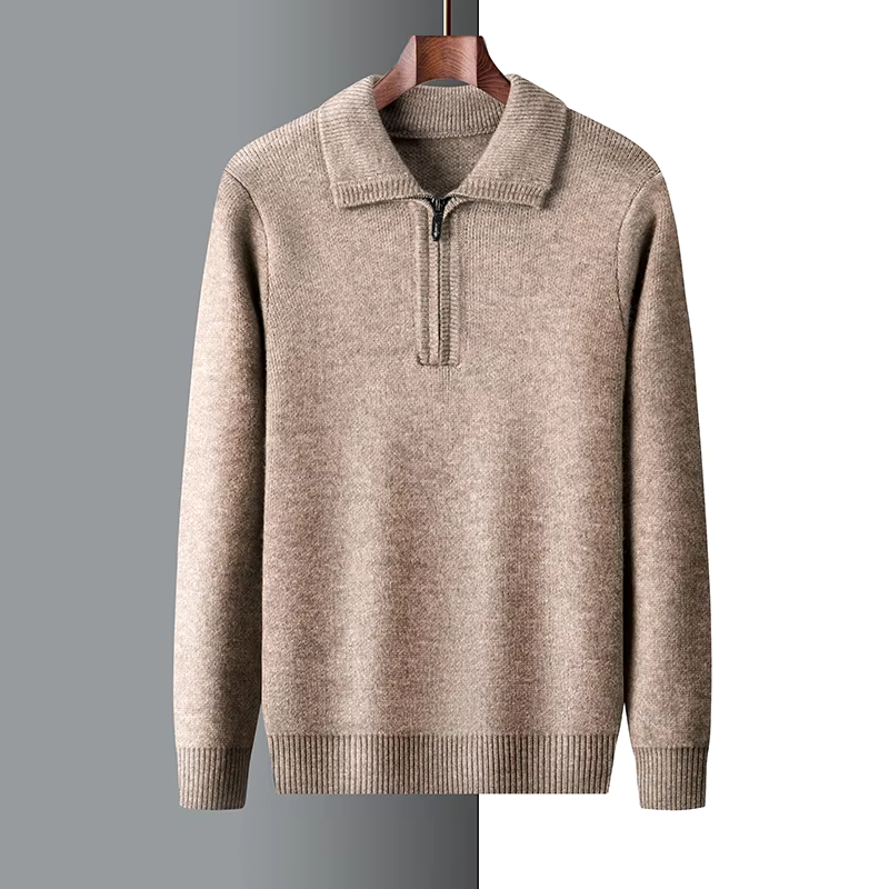 Men's gray regular fit soft knit sweater with short zip and flat collar, modern everyday style