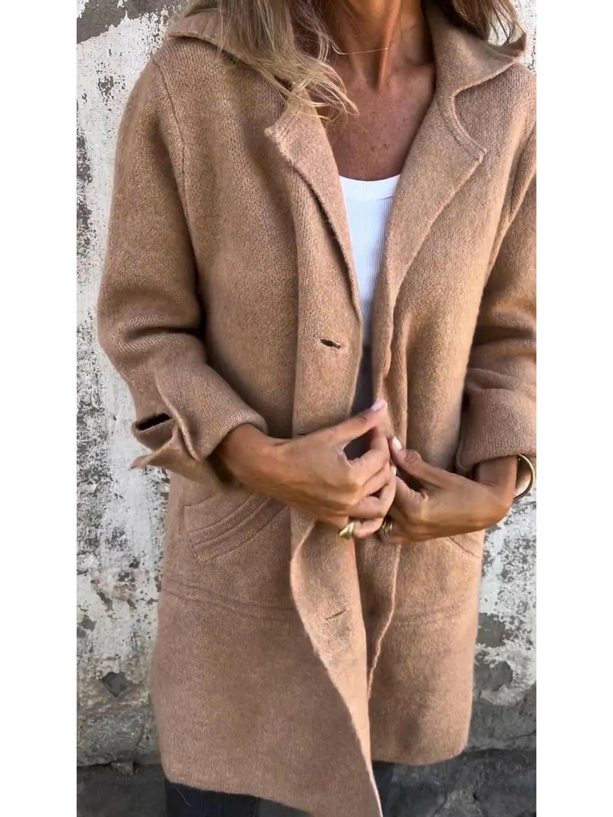 Ada women's long knit coat in neutral tone, cozy elegant open-front silhouette for autumn