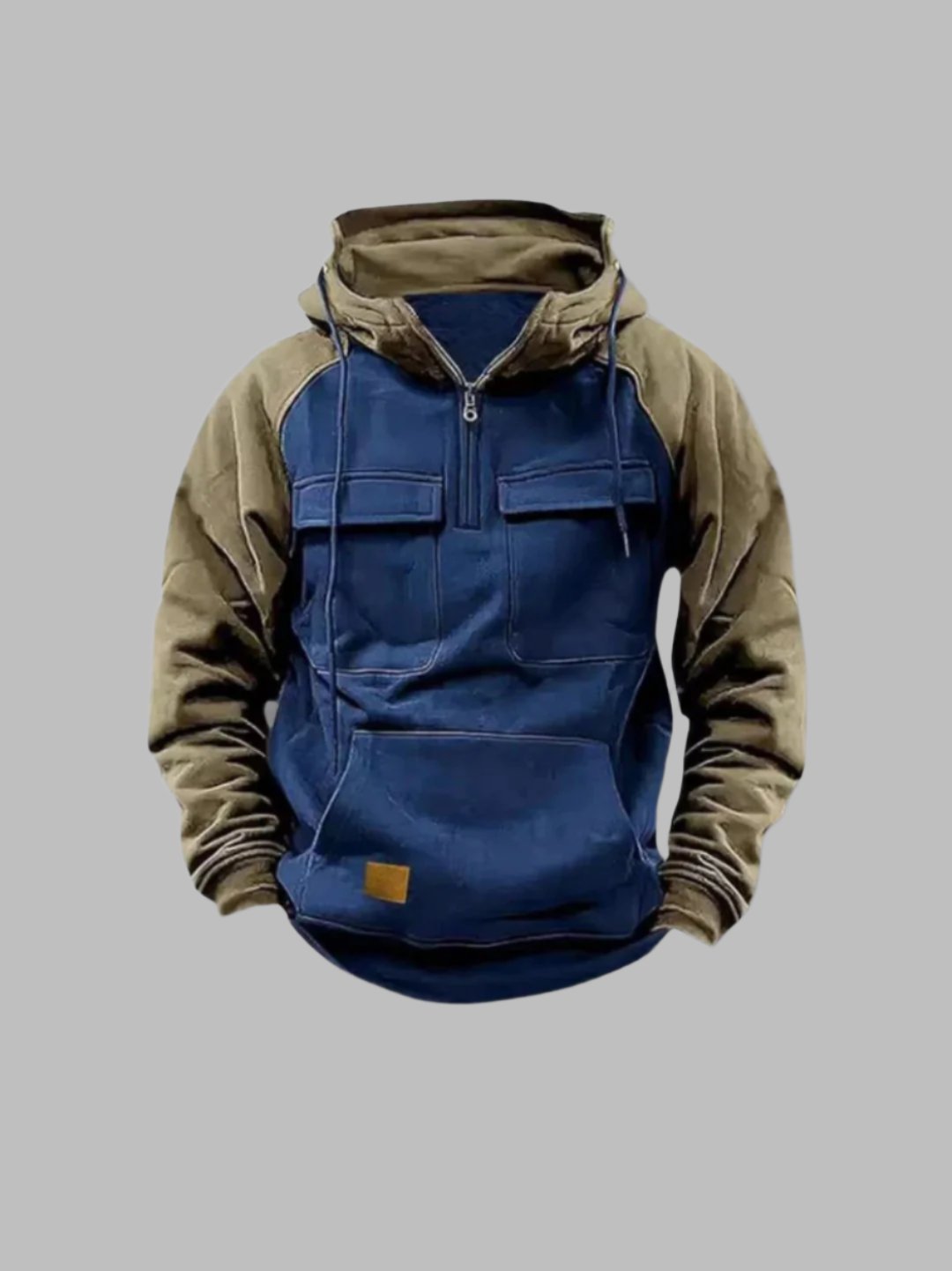 Men's urban color-block hoodie with chest flap pockets, modern city-ready style for fall winter