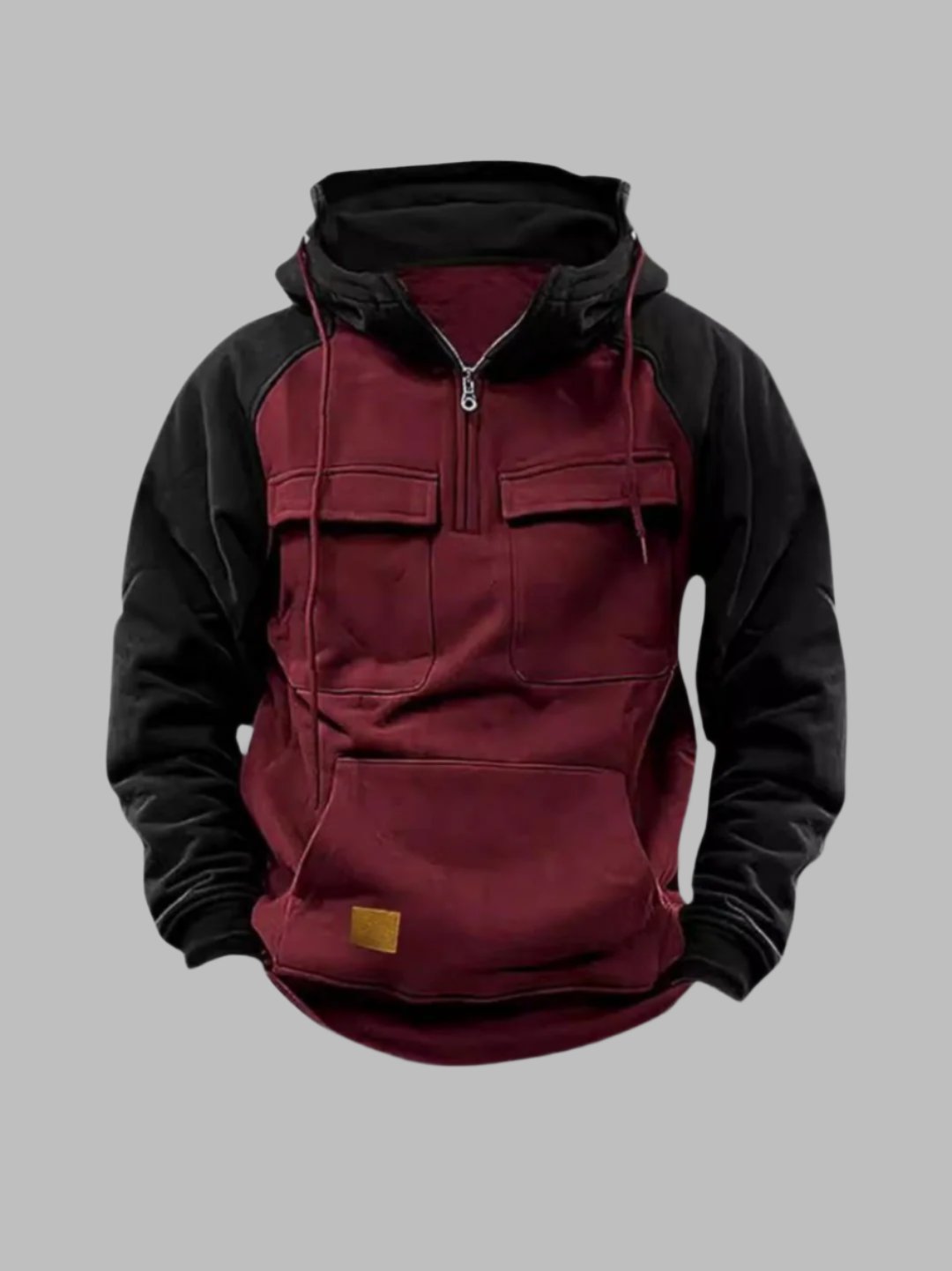 Men's urban color-block hoodie with chest flap pockets, modern city style for fall winter