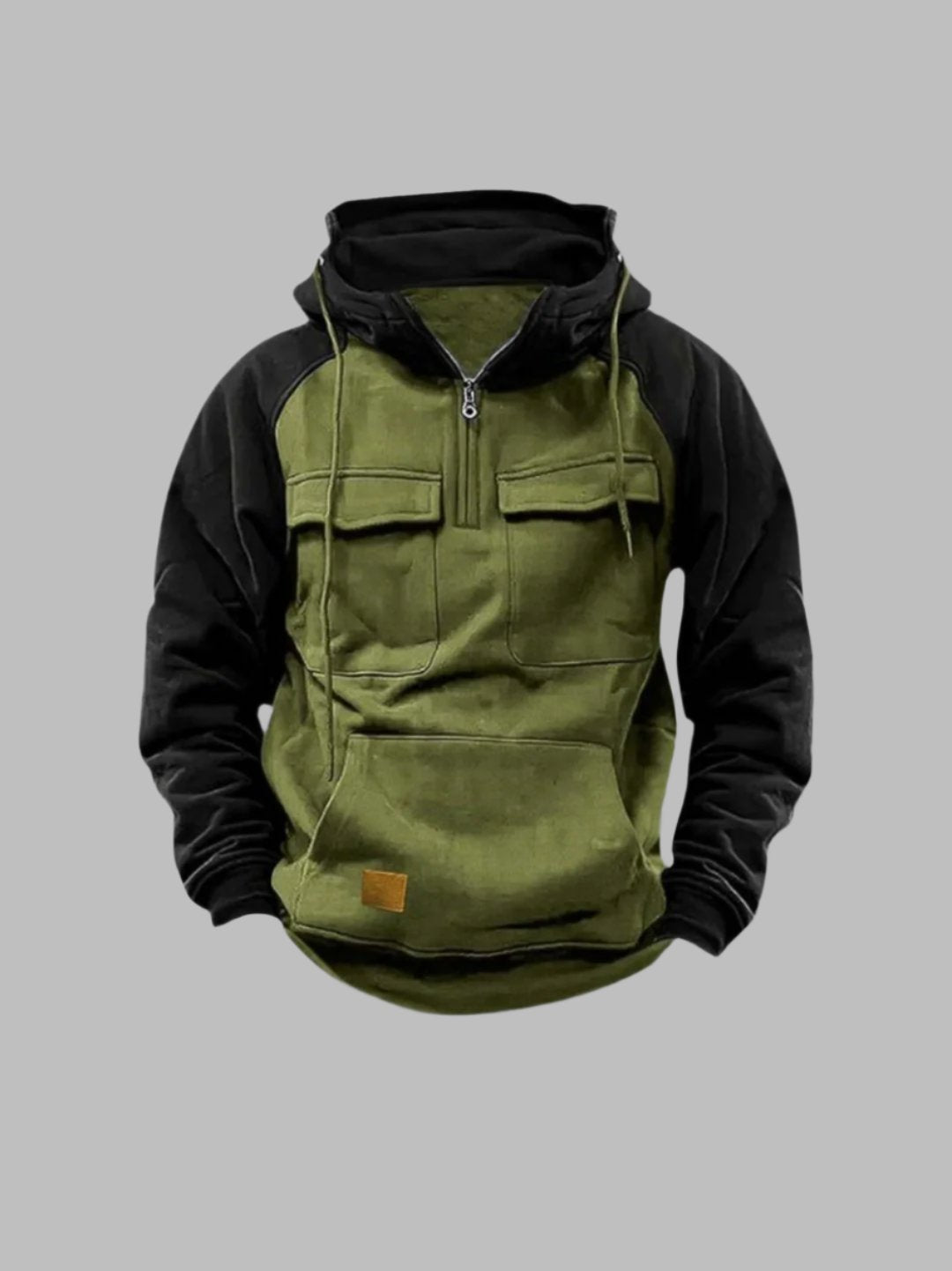 Men's urban color-block hoodie with chest flap pockets, modern fit for fall winter