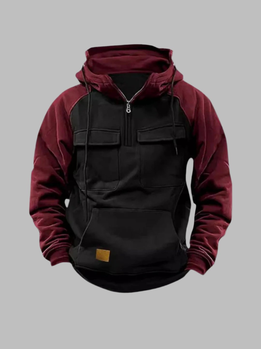 Men's urban color-block hoodie with chest flap pockets, modern city style for fall winter
