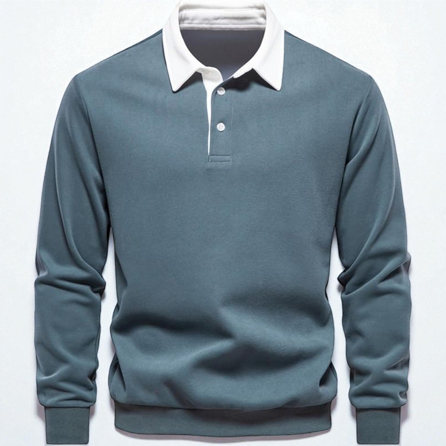 Men's heather gray long sleeve polo sweater with structured collar and soft breathable cotton blend knit