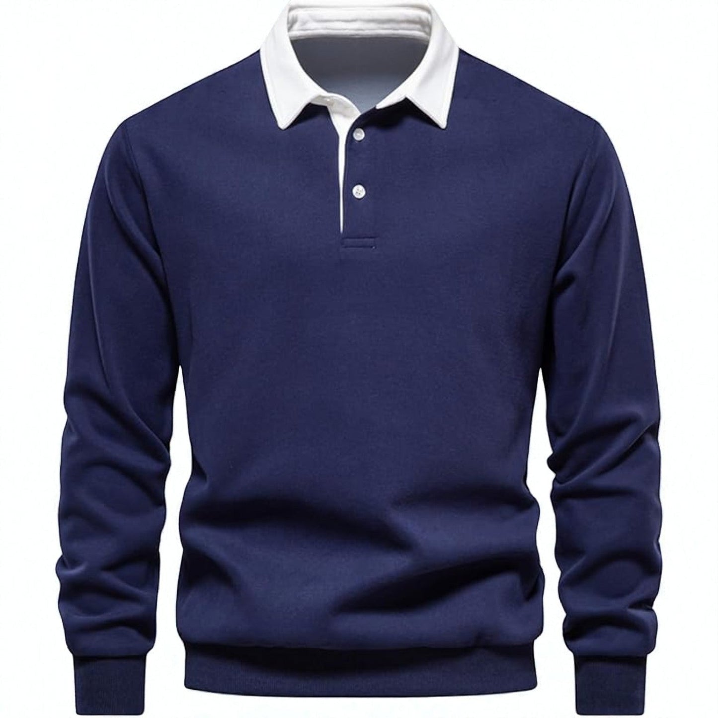 Men's navy blue long sleeve polo sweater structured collar soft breathable cotton blend knit