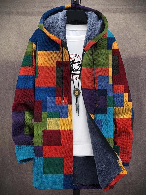 Men's fleece hooded cardigan colorblock cozy warm casual outerwear layer for cooler days