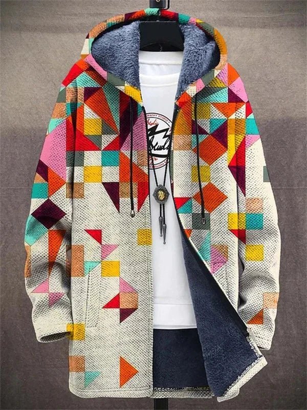 Men's colorblock fleece hooded cardigan cozy warm casual outerwear with drawstring hood
