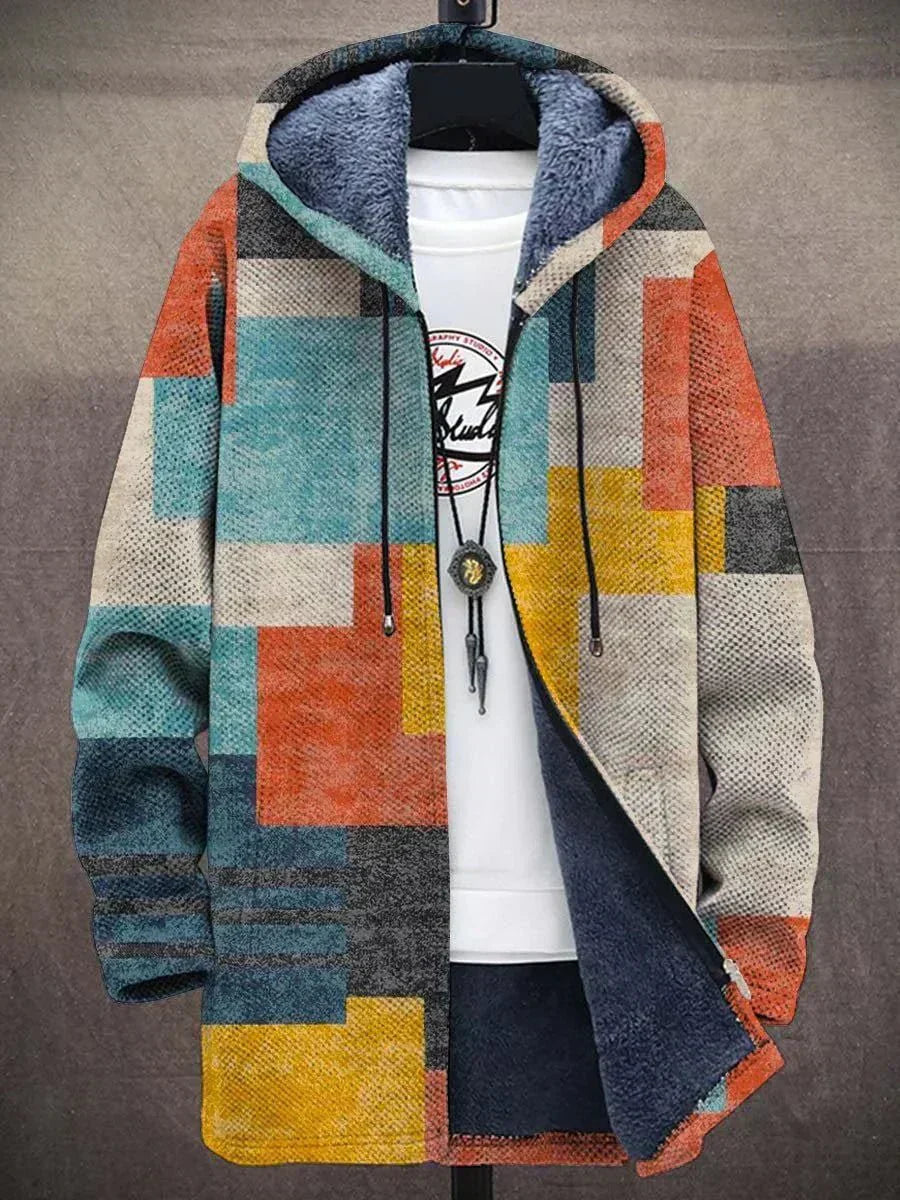 Men's fleece hooded cardigan colorblock cozy warm casual outerwear layer for cooler days