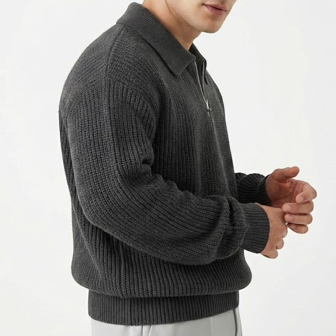 Men's wool zip pullover in neutral tone, slim modern cut with full-length zipper for cold weather warmth