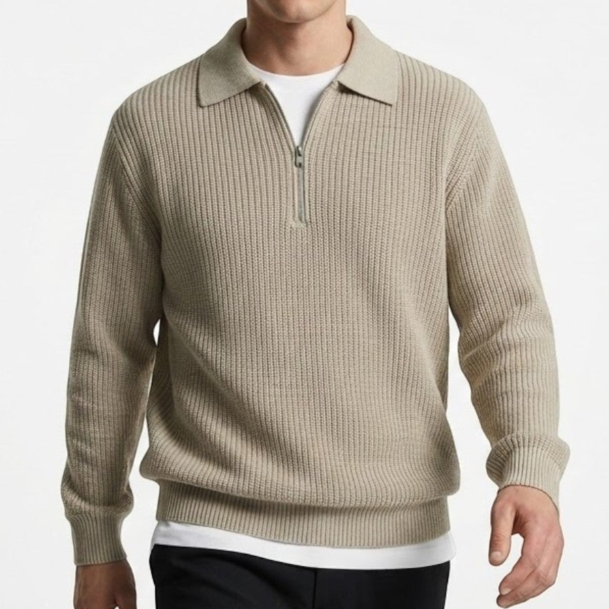 Men's wool zip pullover in neutral tone, slim modern cut with front zip closure for cold weather layering