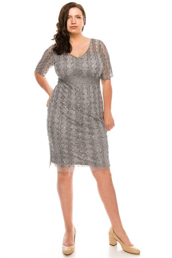 Adrianna Papell silver grey beaded mesh knee-length dress with V-neck and short sleeves