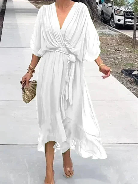 Green chiffon V-neck midi dress for women, lightweight flowy silhouette with elegant drape