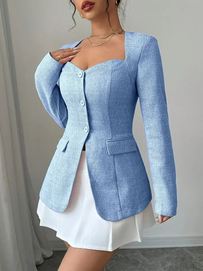 Women's fitted buttoned jacket square neckline chic structured silhouette office to evening