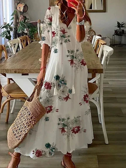 Boho midi dress three-quarter sleeves flowy silhouette casual elegant lightweight women's fashion