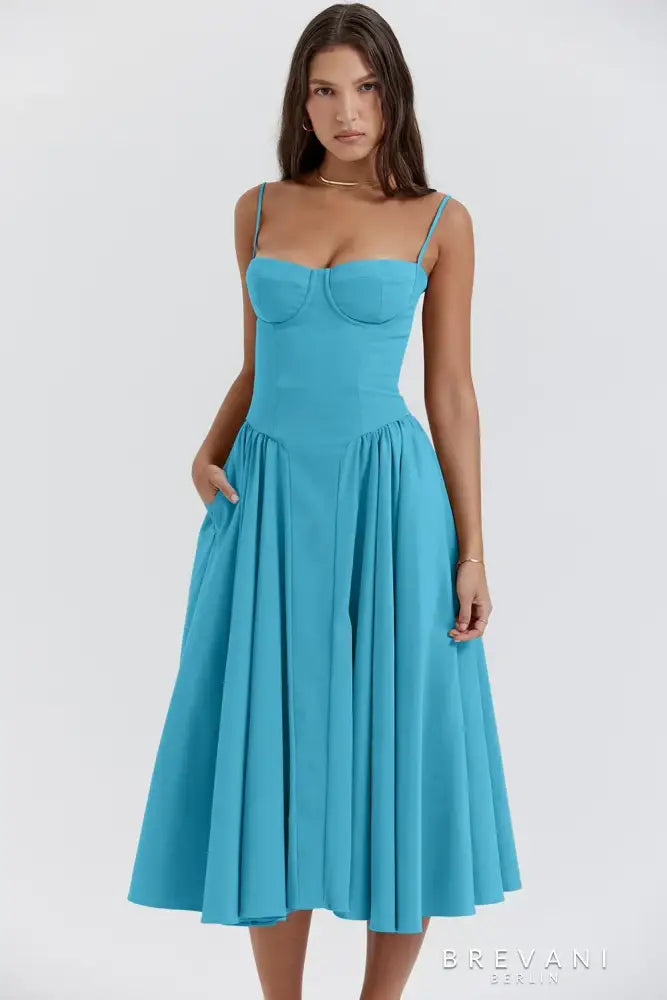 Elegant black corset midi gown with sculpting bodice and flowing skirt for women evenings