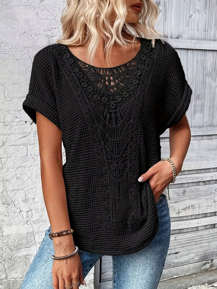 Women's beige lace top with delicate lace detailing, elegant feminine silhouette for everyday wear