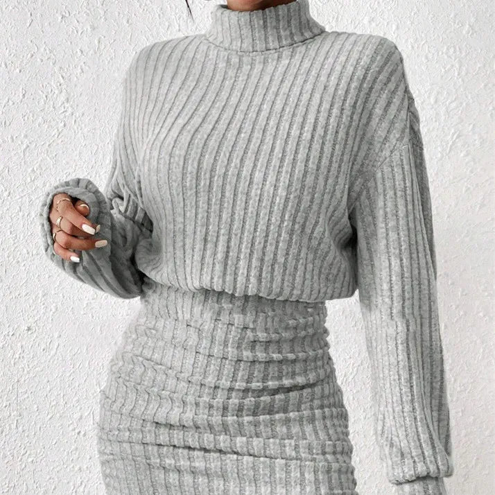 Women's ribbed knit robe dress high collar cozy winter essential in neutral tones