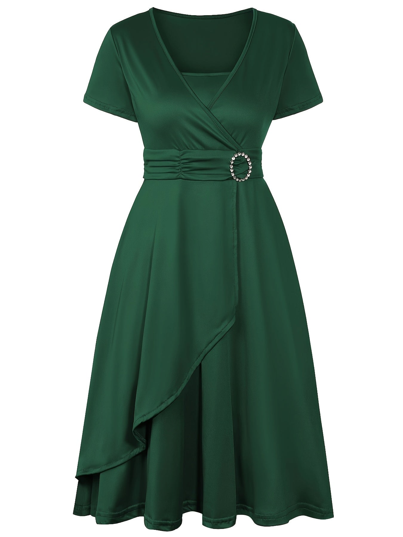 Women's wrap dress V-neck short sleeves elegant waist detail flattering day-to-night silhouette