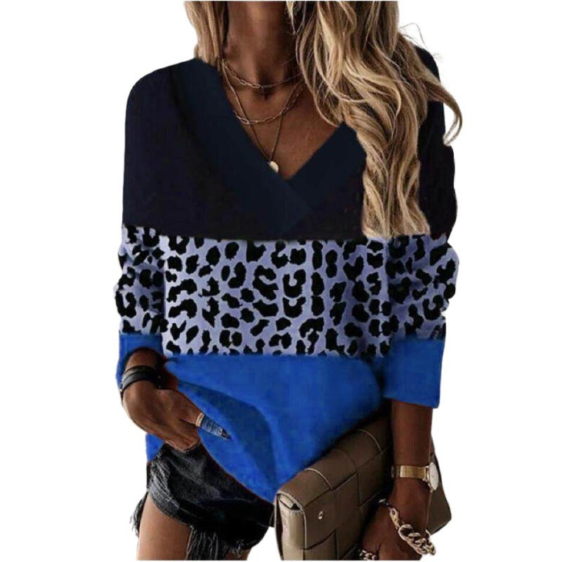 Women's slim fit leopard print V-neck sweatshirt, long sleeve polyester blend everyday top