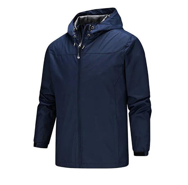 Men's black hooded rain jacket regular fit with sealed seams water-resistant weatherproof outerwear