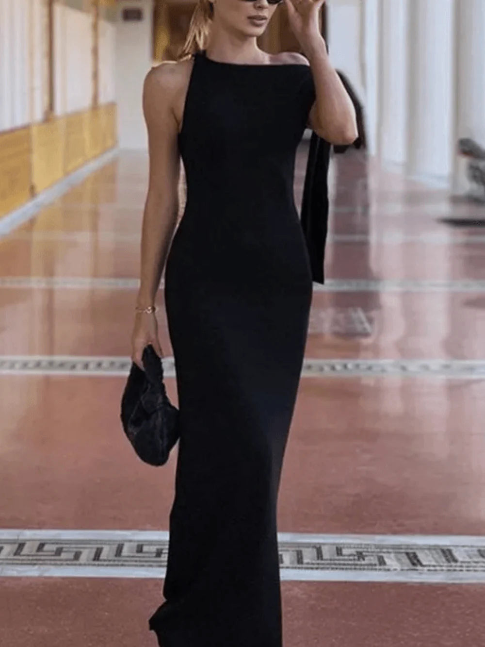Lynn asymmetric maxi dress one-shoulder draped neckline tie detail elegant evening wear chic silhouette