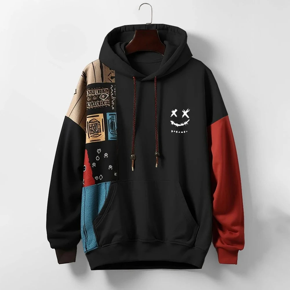Bold contrast pattern hoodie in vibrant multicolor cotton-blend streetwear with adjustable drawstrings