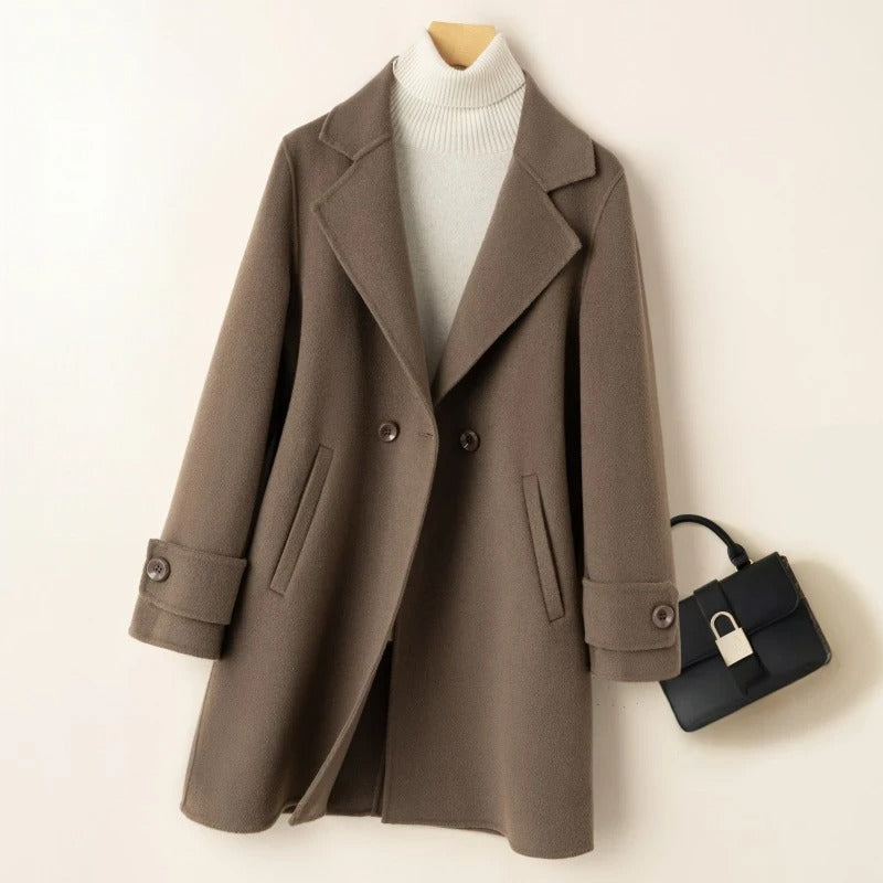 Women's double-breasted wool coat relaxed fit thigh-length with timeless tailored silhouette