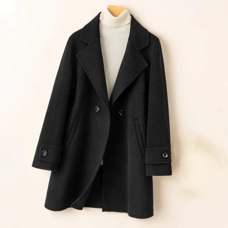 Women's camel double-breasted wool coat relaxed fit thigh-length with structured soft drape