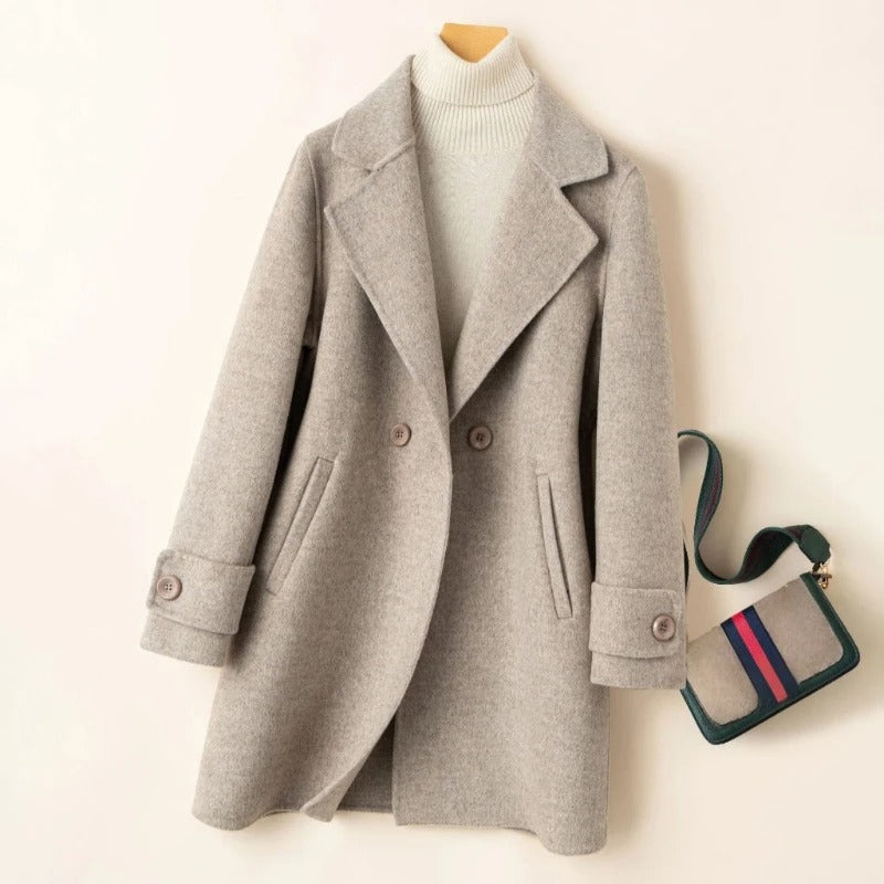 Women's camel double-breasted wool coat relaxed fit thigh-length with classic tailored lapels