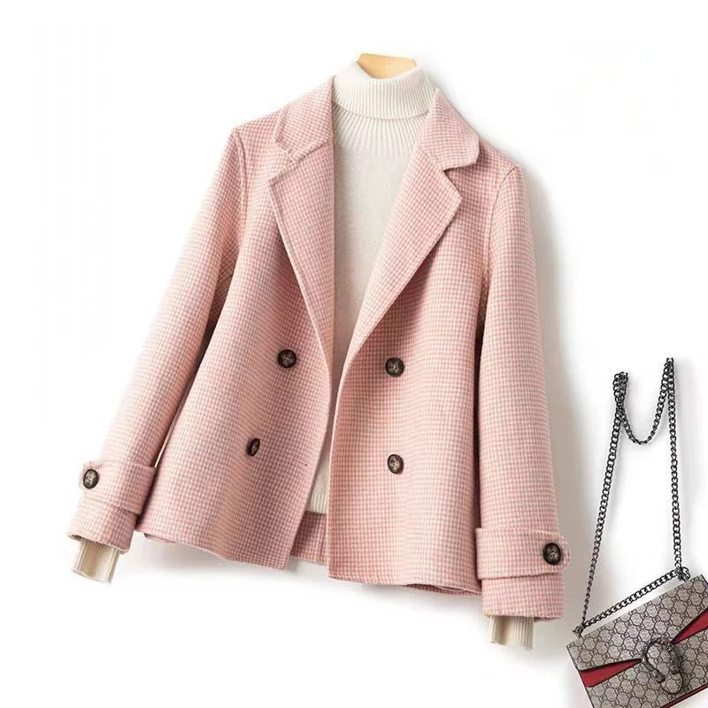 Women's wool pea coat check pattern double-breasted relaxed fit classic heritage style
