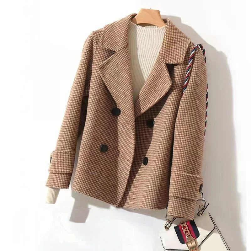Women's double-breasted wool pea coat check pattern relaxed fit classic heritage style